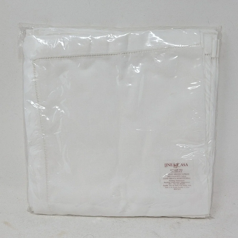 Linea Casa 12 Pack White Linen Cotton Dinner Napkins 20x20 Hand Drawn Hemstitch